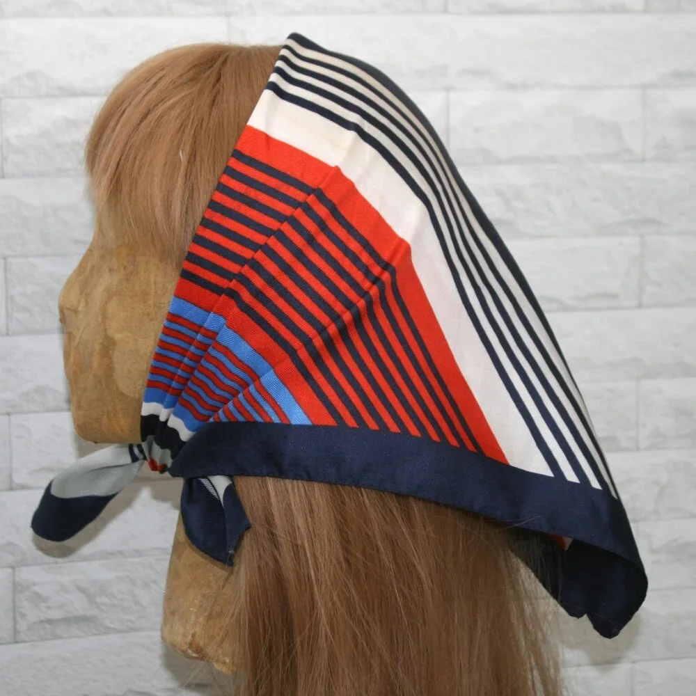 VINTAGE Scarf Square Striped Headscarf Colorful Small Patriotic Red White Blue